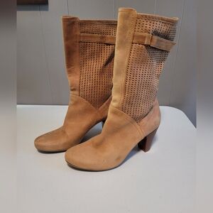 Aquatalia Women 10 Tan Leather Mid Calf Boots Block Heel Perforated Boho Western